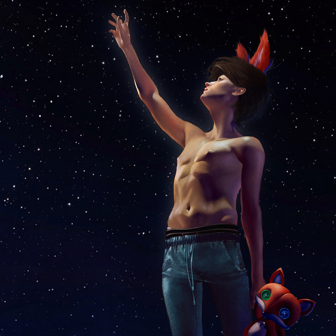 A cropped thumbnail image of a stylized but realistic digital painting depicts a nighttime scene in which a young man in bedclothes looks up at and reaches longingly into a starry sky; the boy wears furry animal ears and holds a stuffed fox toy in his resting arm.