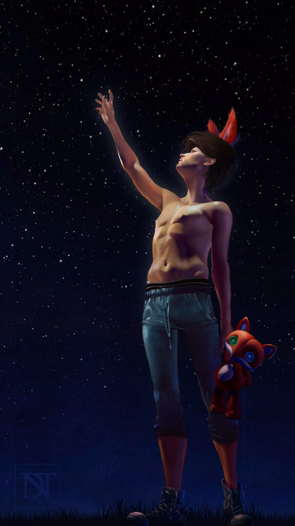 Stargazer, a portfolio image of a young man reaching up toward the night sky while holding a stuffed fox toy by artist and designer Donavan Thornton.